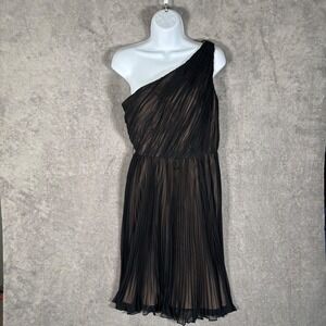 Adrianna Papell One Shoulder Pleated Chiffon Cocktail Dress Black Nude Size 6